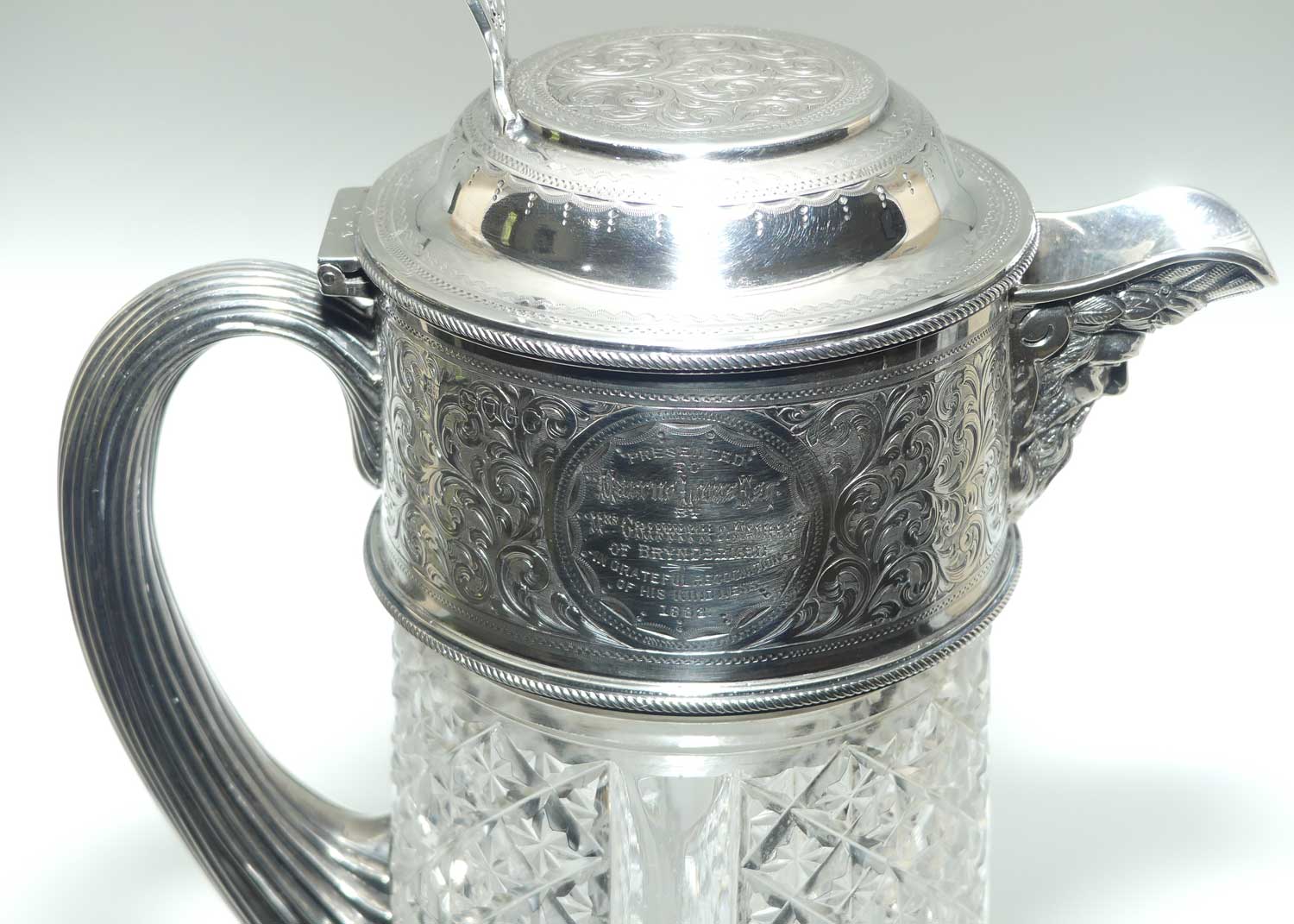Victorian era Sterling Silver Bacchus spout and Cut Crystal claret jug | London 1882