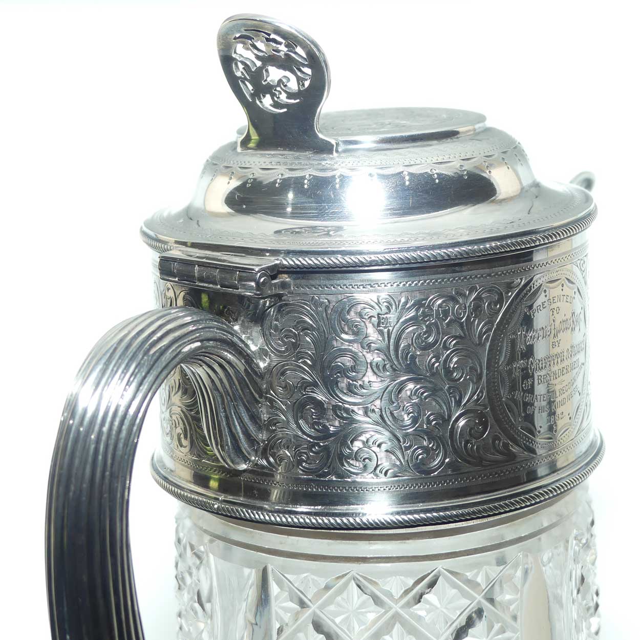 Victorian era Sterling Silver Bacchus spout and Cut Crystal claret jug | London 1882