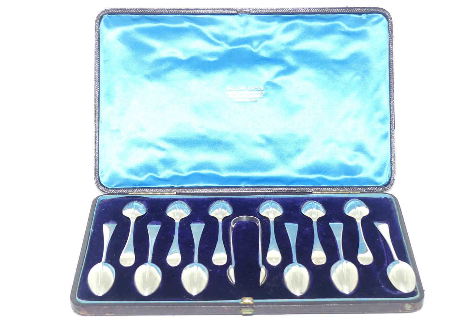 Victorian Sterling Silver Boxed set of 12 tea spoons and tongs | Rat Tail design | London 1882 | Holland, Son & Slater