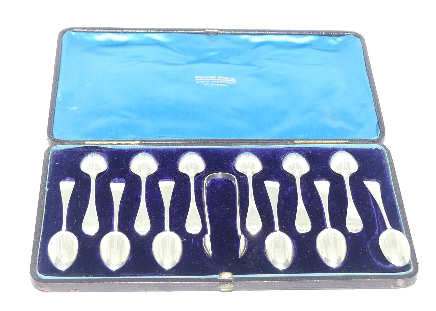 Victorian Sterling Silver Boxed set of 12 tea spoons and tongs | Rat Tail design | London 1882 | Holland, Son & Slater