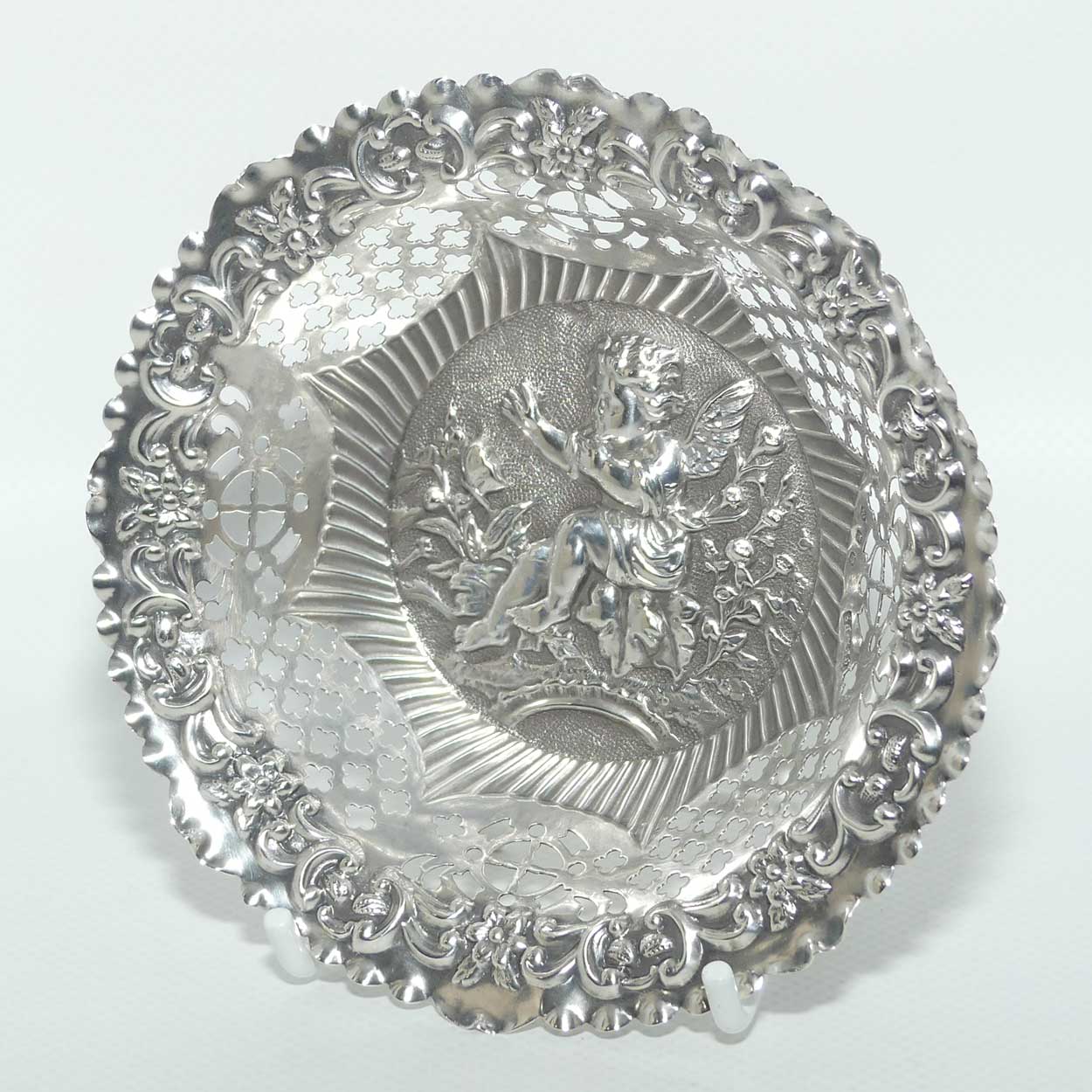 Victorian era Sterling Silver Cherub design pierced gallery bon bon dish | Birmingham 1886