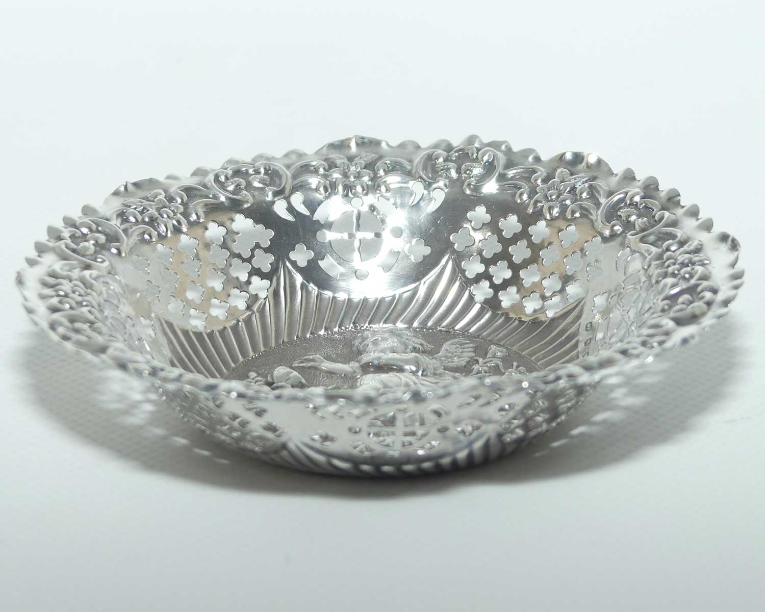 Victorian era Sterling Silver Cherub design pierced gallery bon bon dish | Birmingham 1886