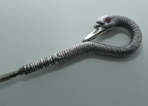 Victorian | Sterling Silver Swan figured head with enamel eyes Corset Hook | London 1889