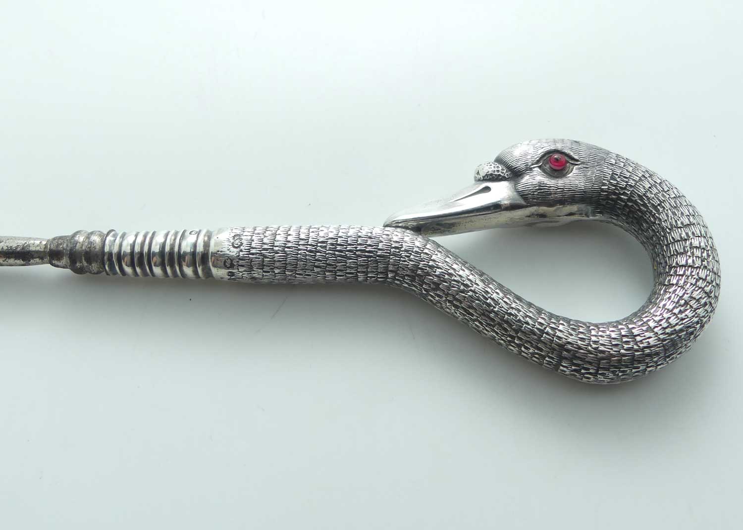 Victorian | Sterling Silver Swan figured head with enamel eyes Corset Hook | London 1889