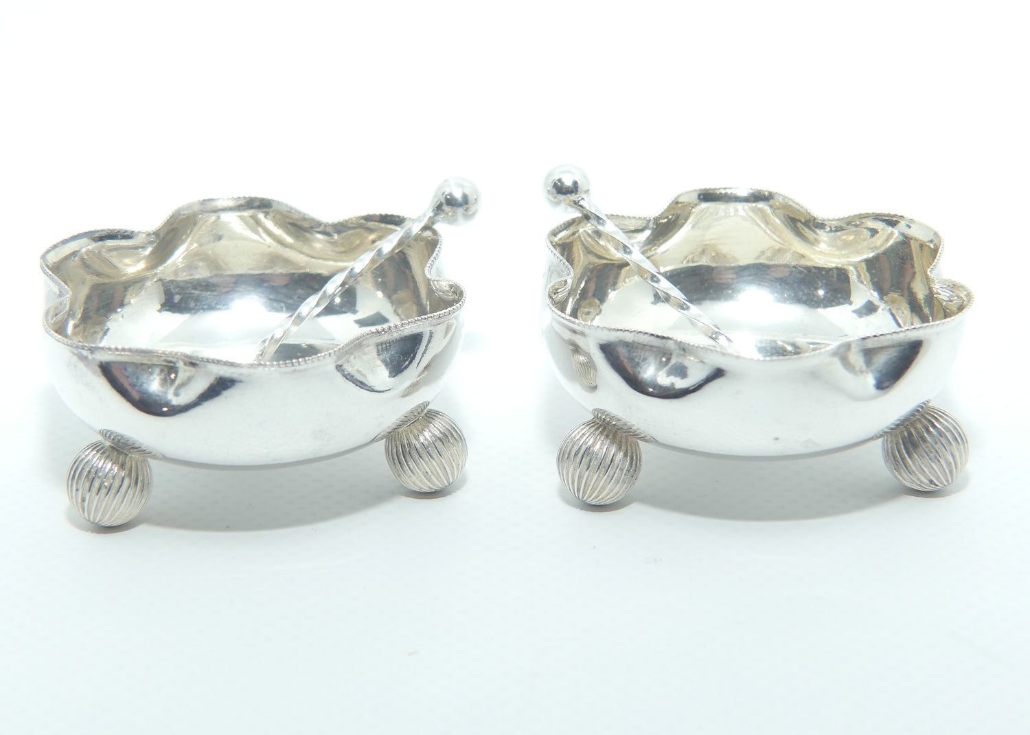 Victorian Sterling Silver pair of open salts + spoons | Birmingham 1891