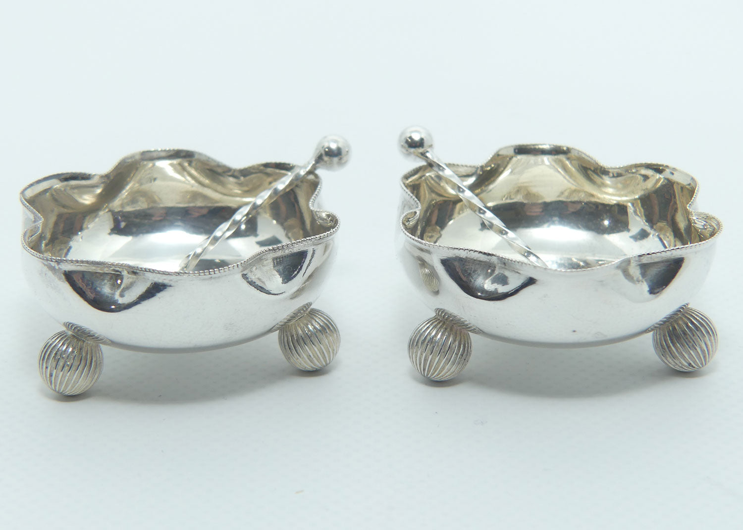 Victorian Sterling Silver pair of open salts + spoons | Birmingham 1891