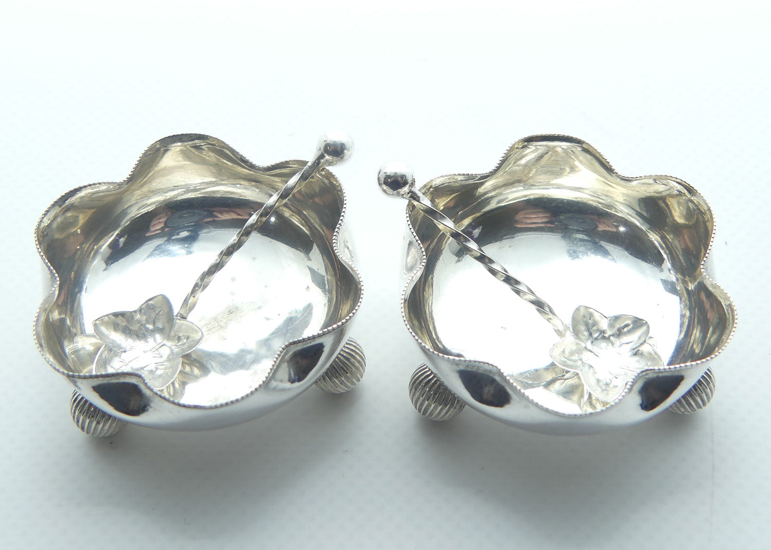 Victorian Sterling Silver pair of open salts + spoons | Birmingham 1891