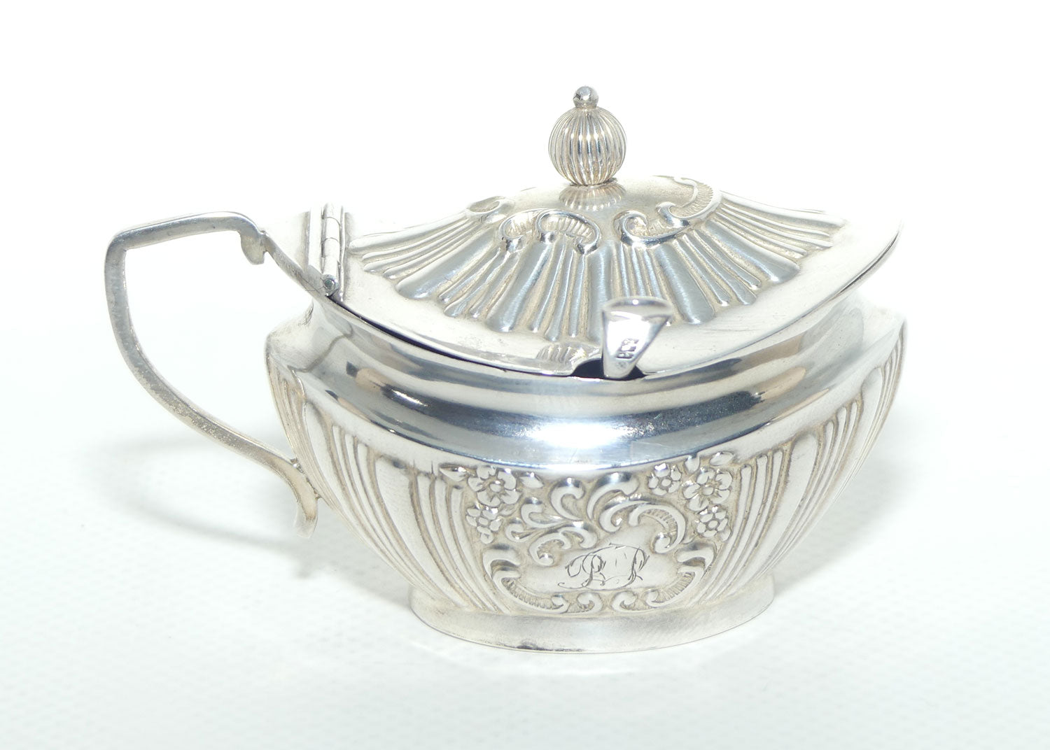 Victorian era Sterling Silver mustard pot with glass liner and spoon | Birmingham 1896