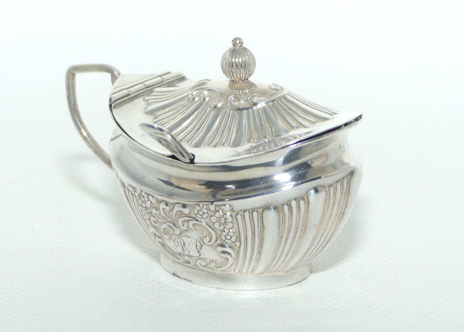 Victorian era Sterling Silver mustard pot with glass liner and spoon | Birmingham 1896