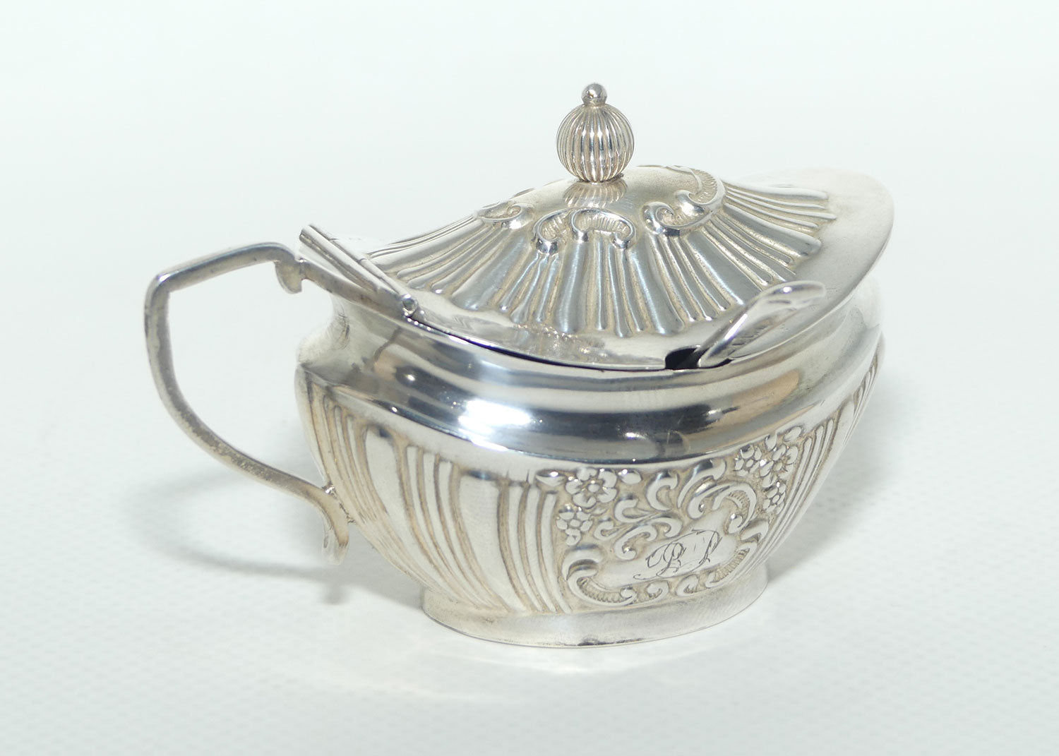 Victorian era Sterling Silver mustard pot with glass liner and spoon | Birmingham 1896