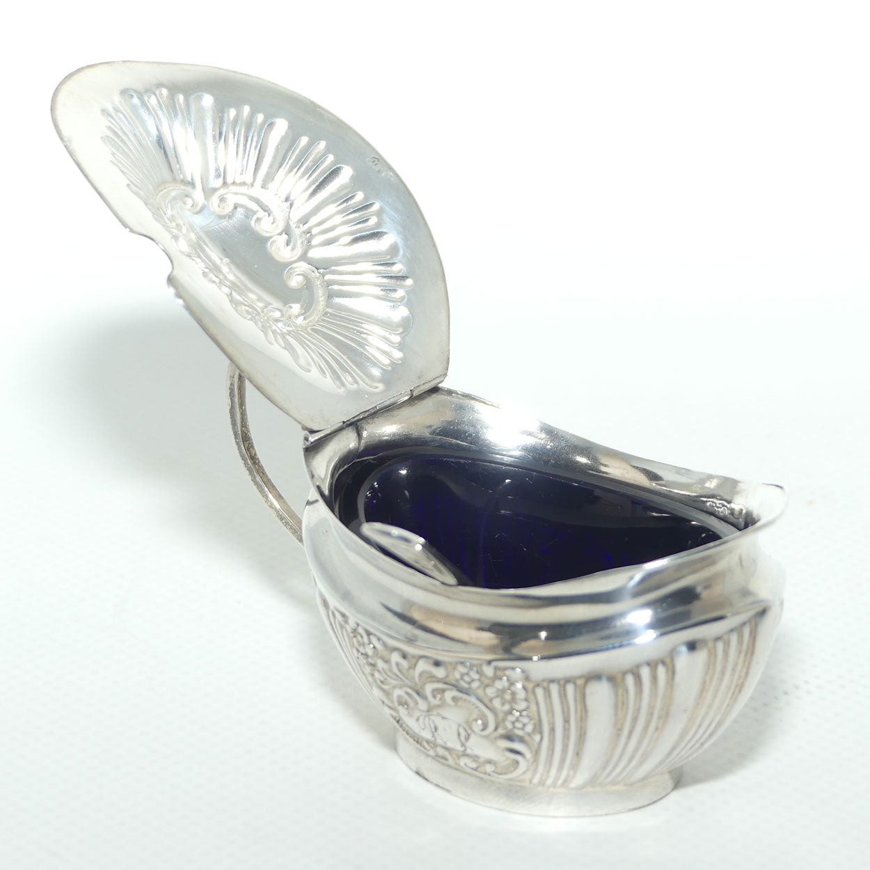 Victorian era Sterling Silver mustard pot with glass liner and spoon | Birmingham 1896