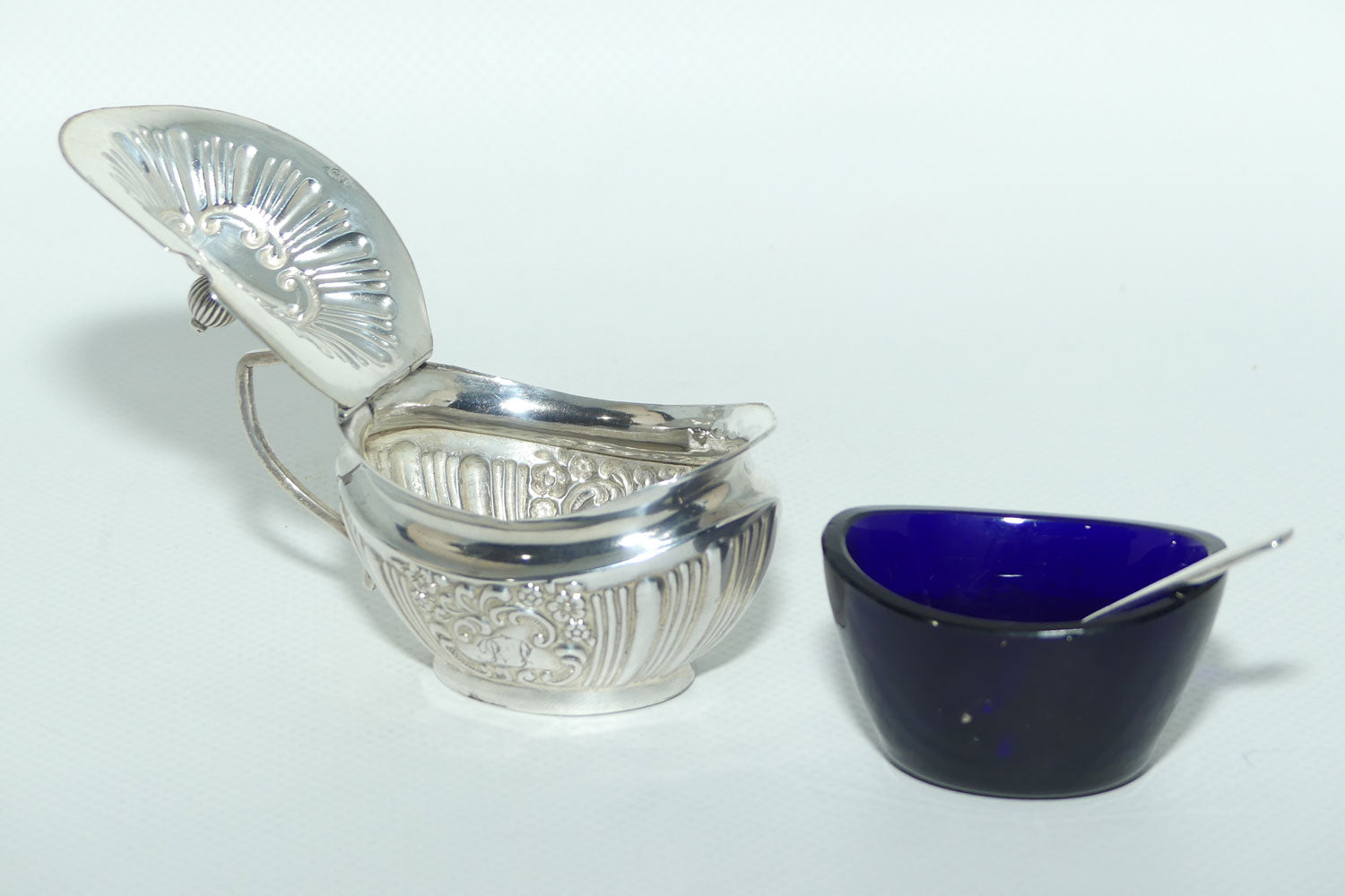 Victorian era Sterling Silver mustard pot with glass liner and spoon | Birmingham 1896