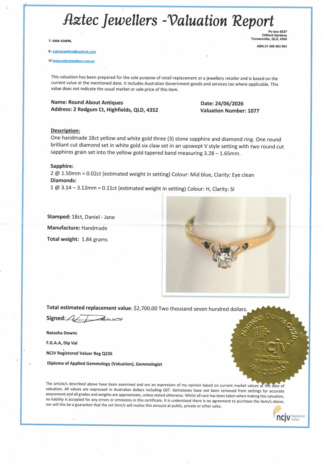 18ct Yellow and White Gold Diamond and 2 Sapphire ring | Valued $2700