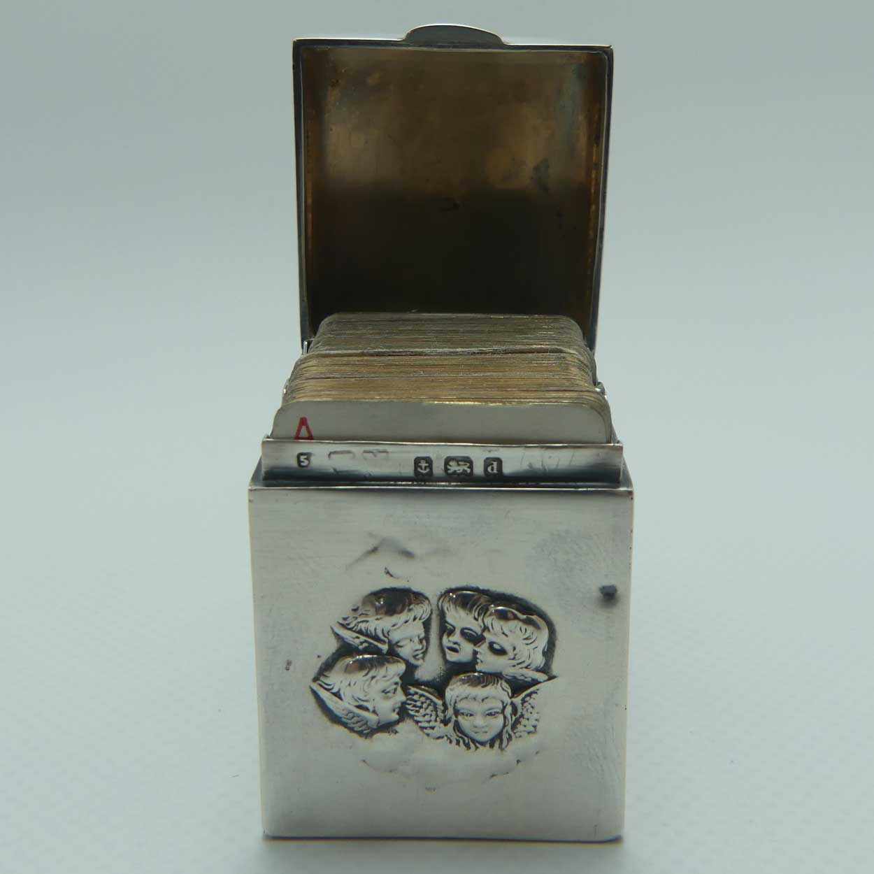 late Victorian era Sterling Silver miniature playing card box | contains 2 sets of cards | Birmingham 1900