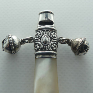 Edwardian era Sterling Silver and Mother of Pearl Baby Rattle | Whistle | Birmingham 1905