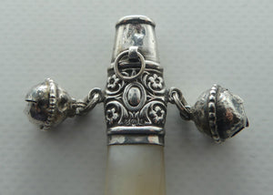 Edwardian era Sterling Silver and Mother of Pearl Baby Rattle | Whistle | Birmingham 1905