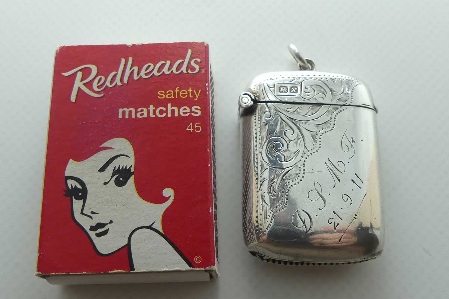 Sterling Silver Vesta Case with Jump Ring | engraved DSMF | Chester 1908