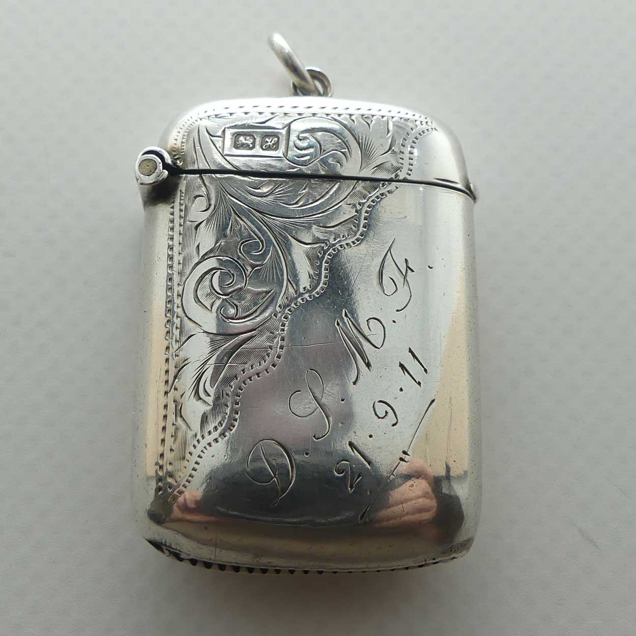 Sterling Silver Vesta Case with Jump Ring | engraved DSMF | Chester 1908