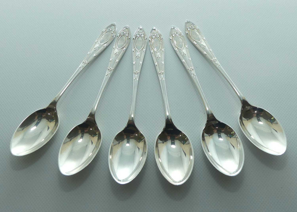 post Edwardian era Sterling Silver set of 6 tea spoons | Bridal bows and Blue Bell flower | Sheffield 1925