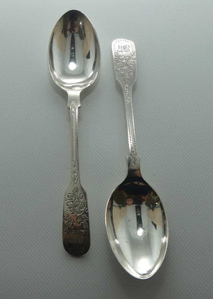 post Edwardian era Sterling Silver pair of tea spoons | Bright Cut engraving | Sheffield 1931