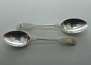 post Edwardian era Sterling Silver pair of tea spoons | Bright Cut engraving | Sheffield 1931