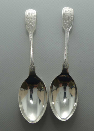 post Edwardian era Sterling Silver pair of tea spoons | Bright Cut engraving | Sheffield 1931