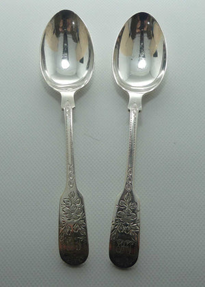 post Edwardian era Sterling Silver pair of tea spoons | Bright Cut engraving | Sheffield 1931