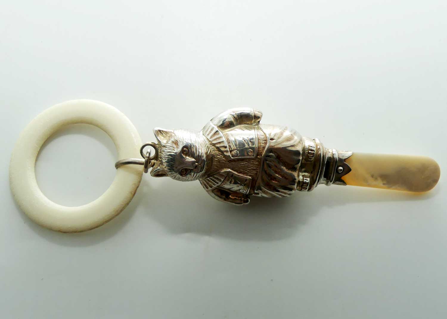 Sterling Silver Ivory and Mother of Pearl Teething Ring Baby Rattle | Beatrix Potter Tom Kitten | Chester 1947