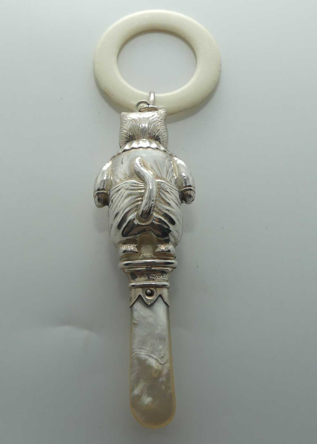 Sterling Silver Ivory and Mother of Pearl Teething Ring Baby Rattle | Beatrix Potter Tom Kitten | Chester 1947