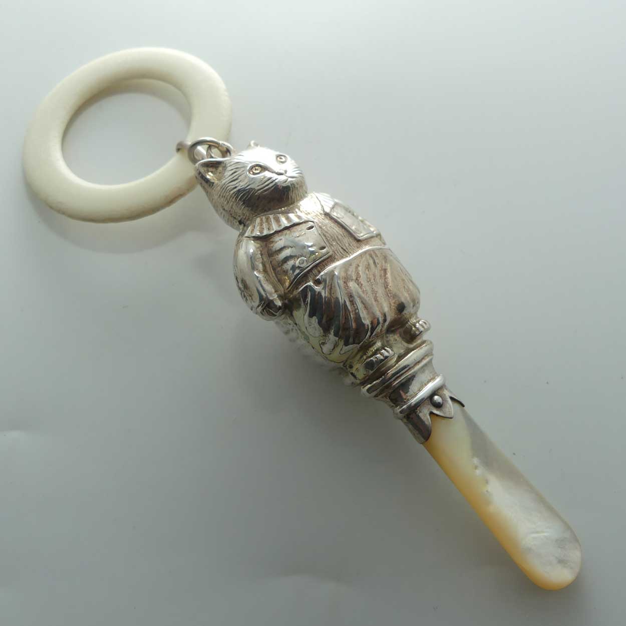 Sterling Silver Ivory and Mother of Pearl Teething Ring Baby Rattle | Beatrix Potter Tom Kitten | Chester 1947