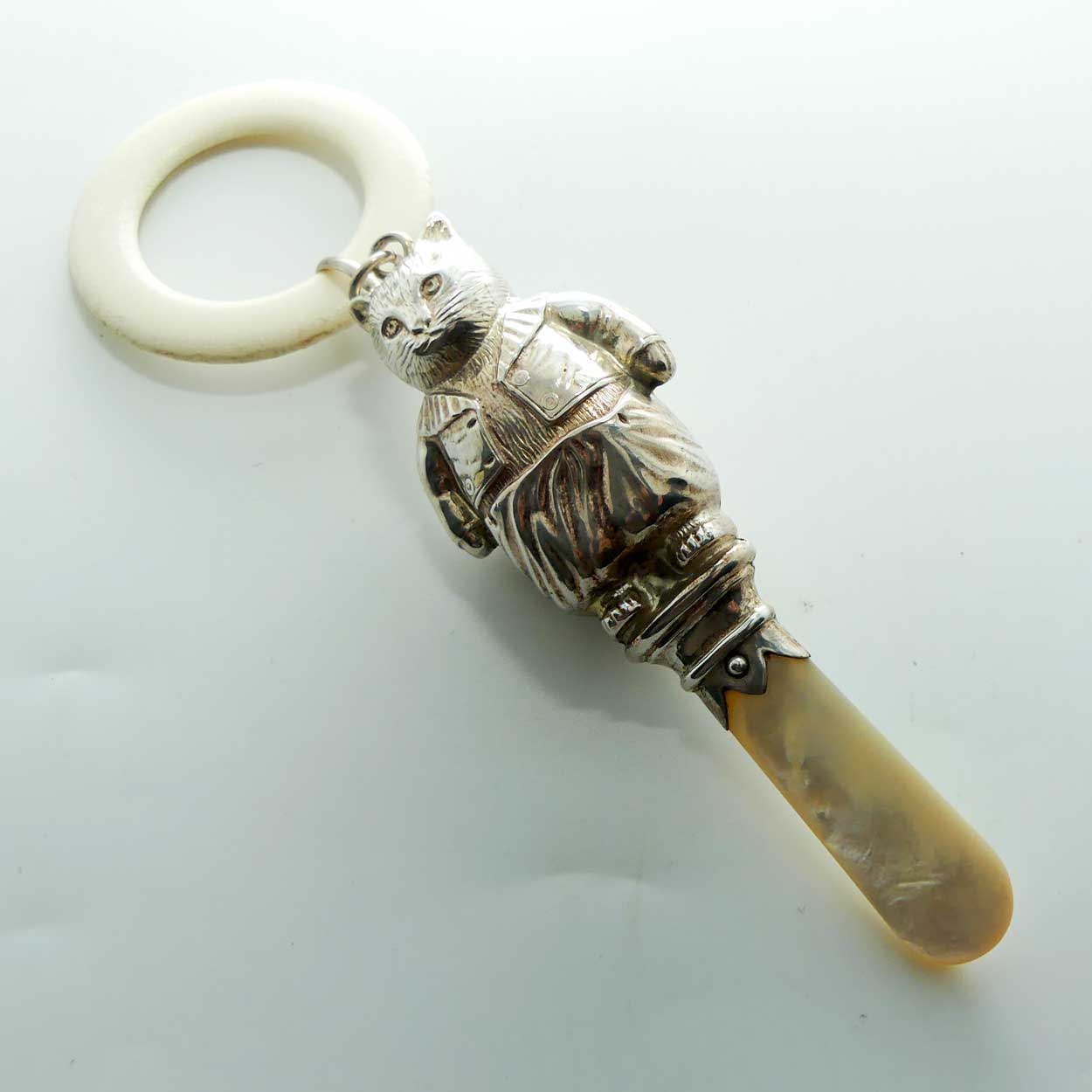 Sterling Silver Ivory and Mother of Pearl Teething Ring Baby Rattle | Beatrix Potter Tom Kitten | Chester 1947