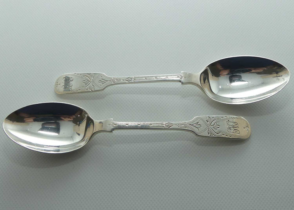 post Edwardian era Sterling Silver pair of tea spoons | Bright Cut engraving | Sheffield 1949