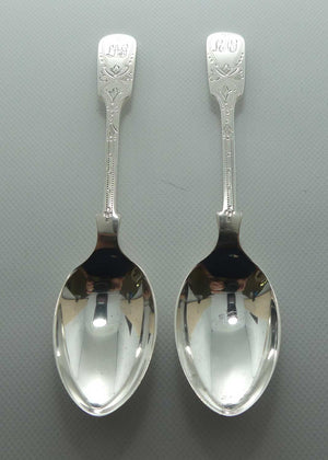 post Edwardian era Sterling Silver pair of tea spoons | Bright Cut engraving | Sheffield 1949