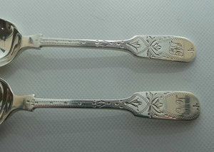 post Edwardian era Sterling Silver pair of tea spoons | Bright Cut engraving | Sheffield 1949