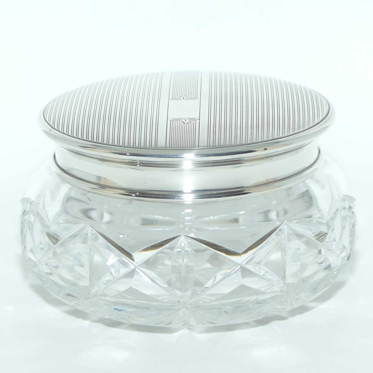 Mid Century Engine Turned Sterling Silver top Crystal base Powder bowl | Birmingham 1949