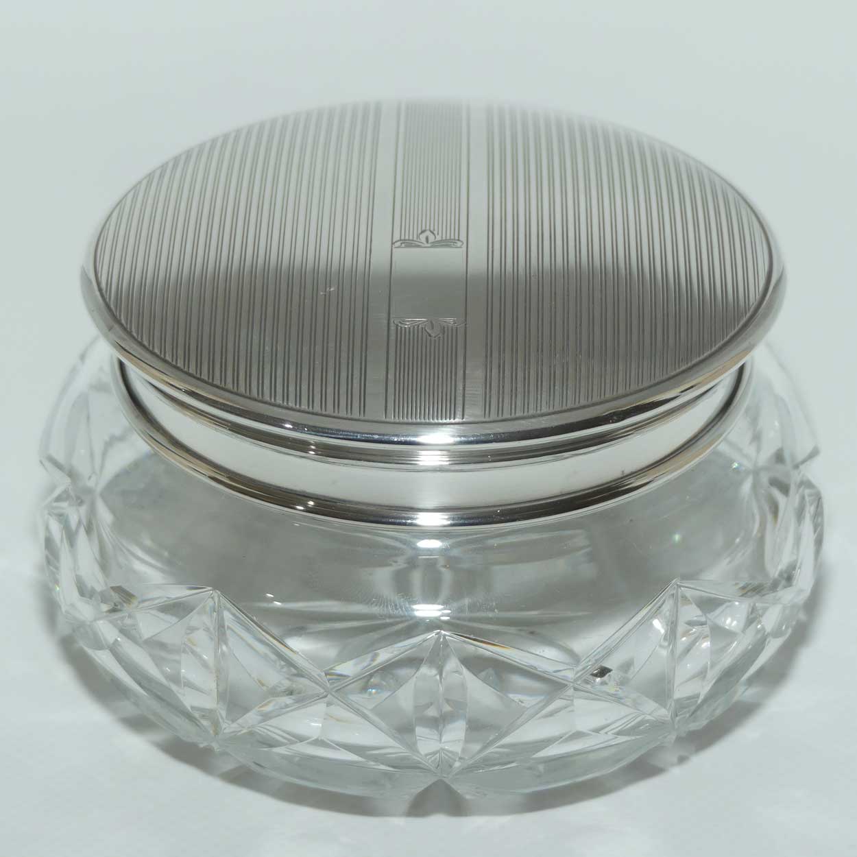 Mid Century Engine Turned Sterling Silver top Crystal base Powder bowl | Birmingham 1949