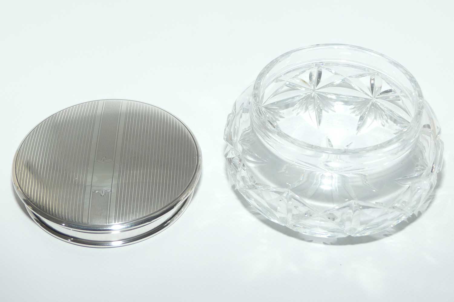 Mid Century Engine Turned Sterling Silver top Crystal base Powder bowl | Birmingham 1949