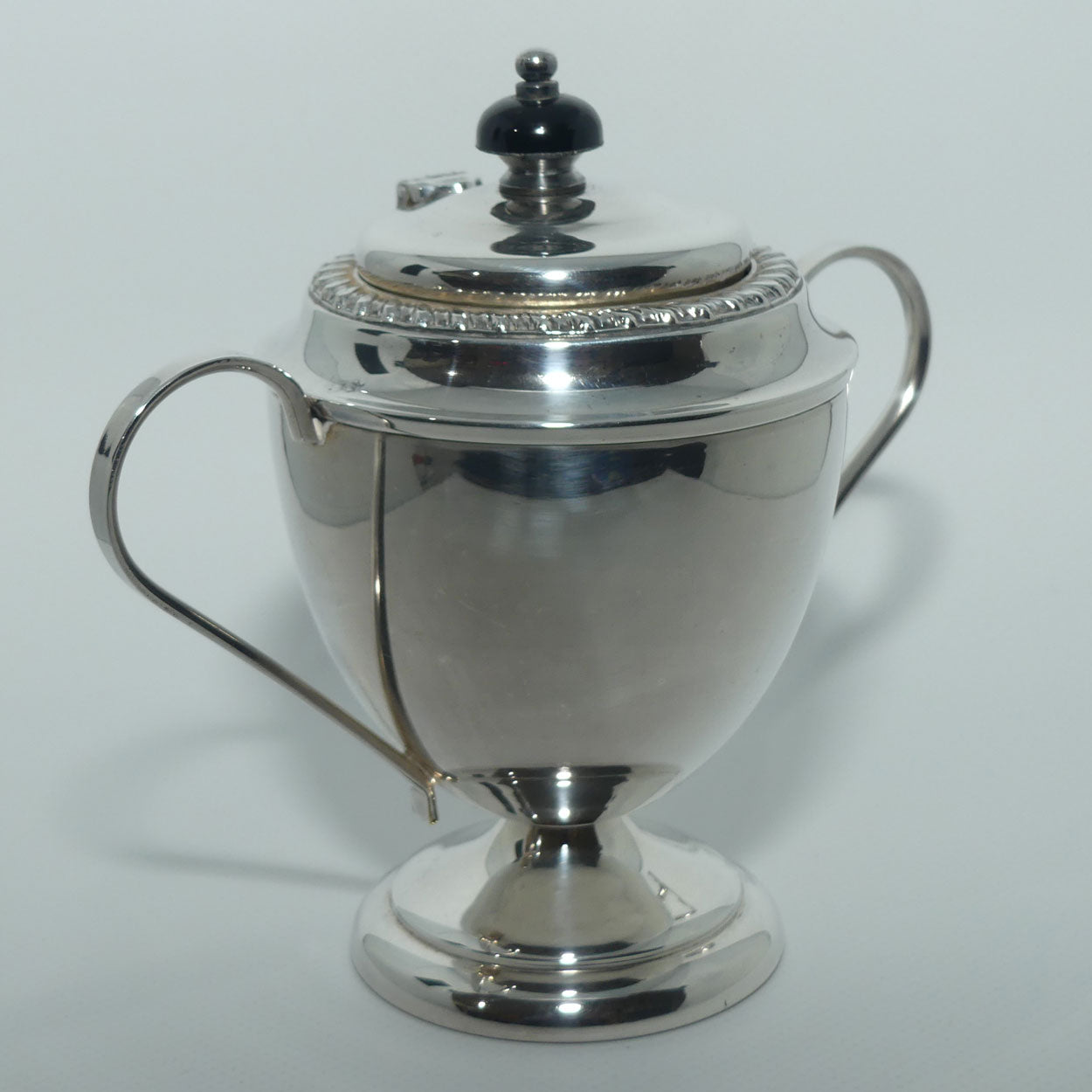 1950 era Silver Plated Covered Sugar with Black Finial and Loop handles