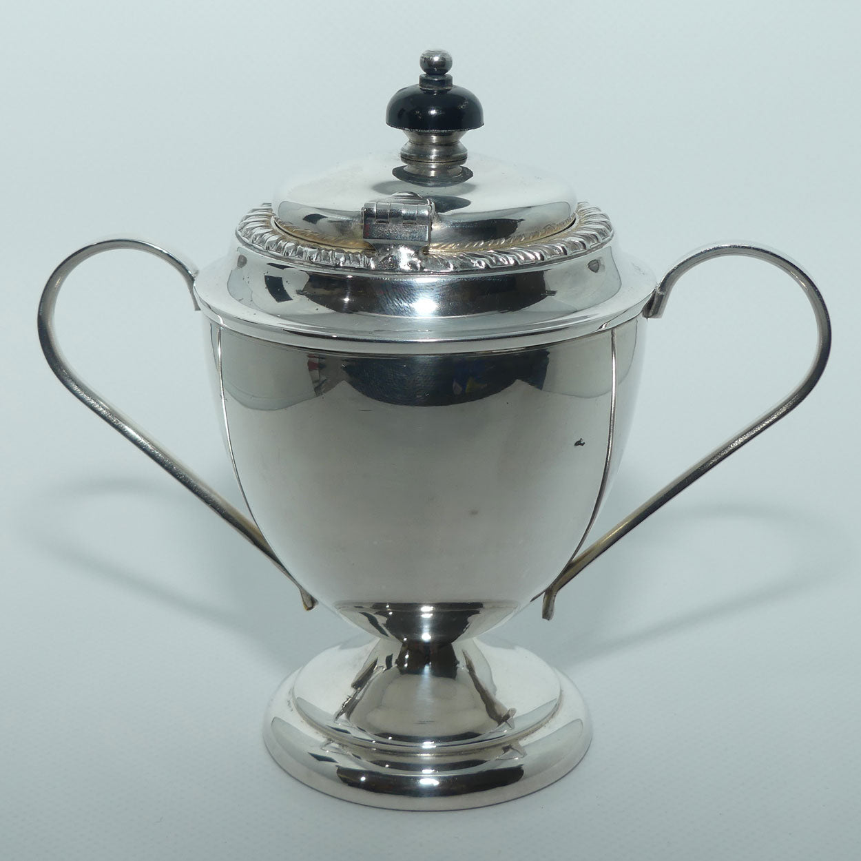 1950 era Silver Plated Covered Sugar with Black Finial and Loop handles