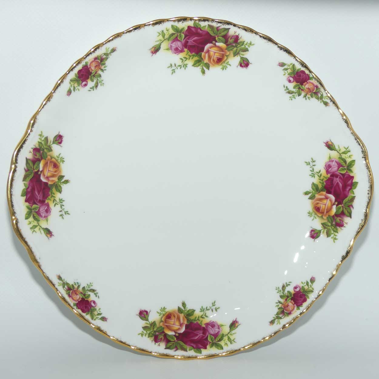 Royal Albert Bone China England Old Country Roses handled cake plate | © 1962 Royal Albert Ltd backstamp