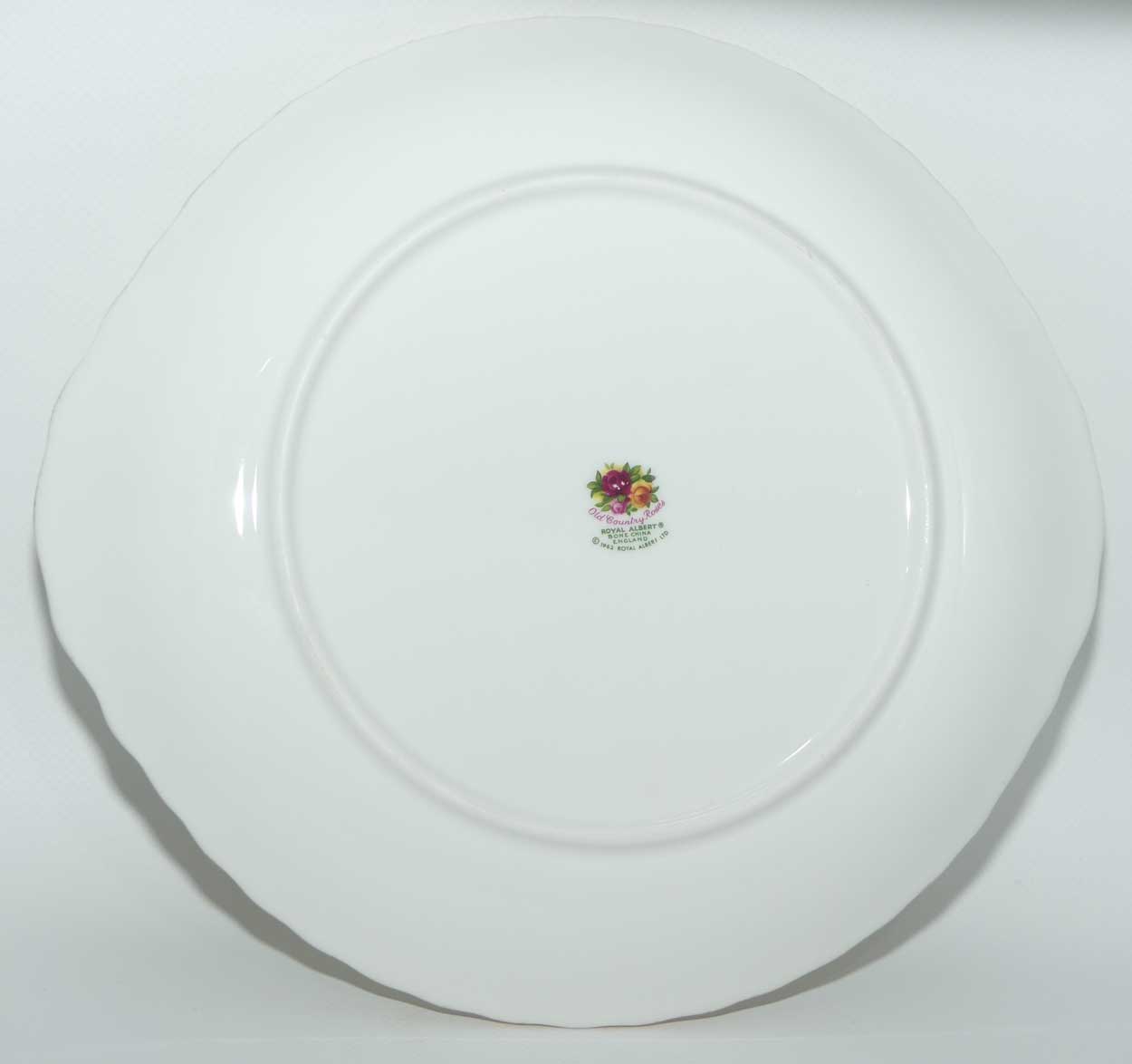 Royal Albert Bone China England Old Country Roses handled cake plate | © 1962 Royal Albert Ltd backstamp