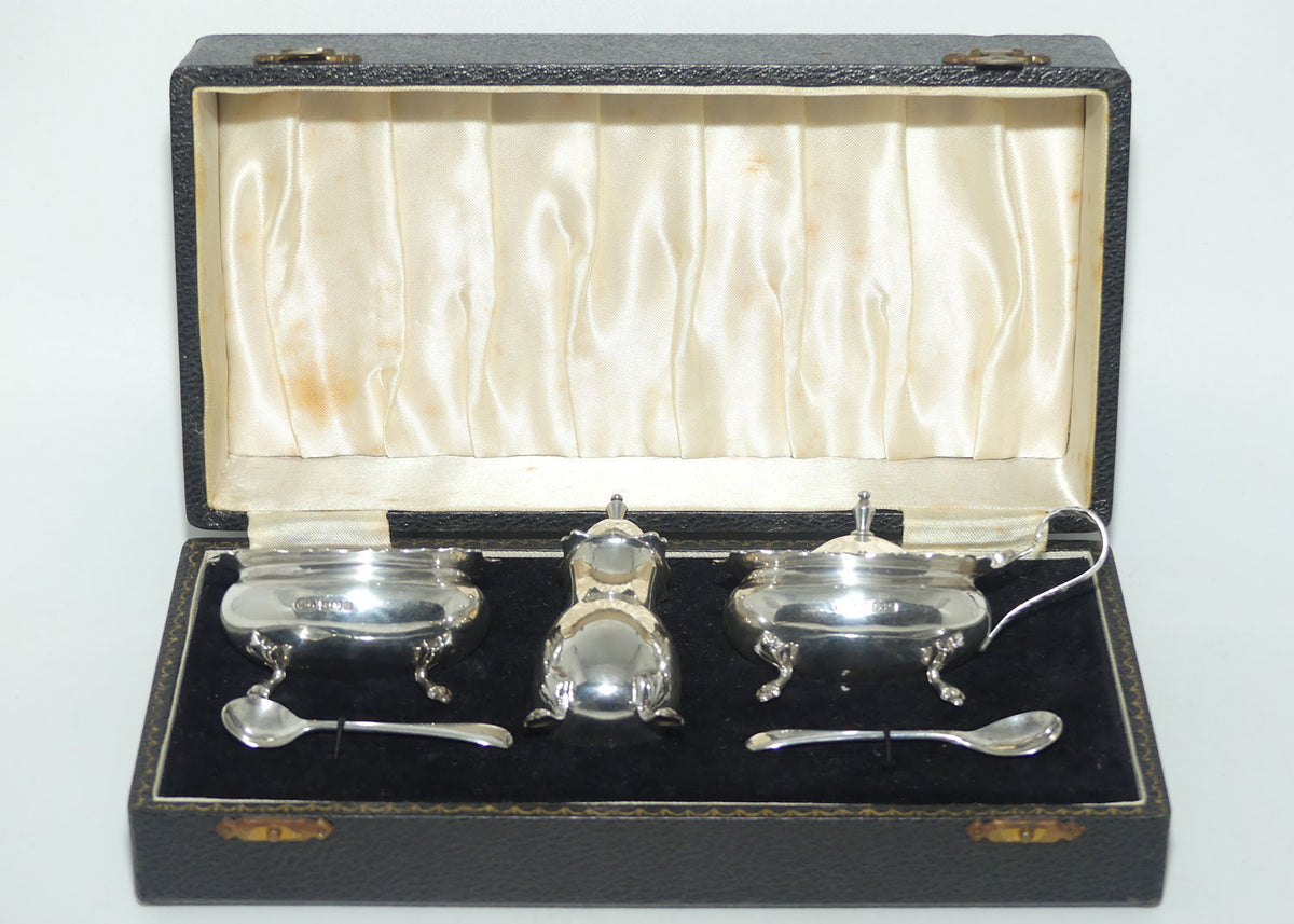 Sterling Silver cruet set with blue glass liners | Birmingham 1976 | Boxed | 150gms