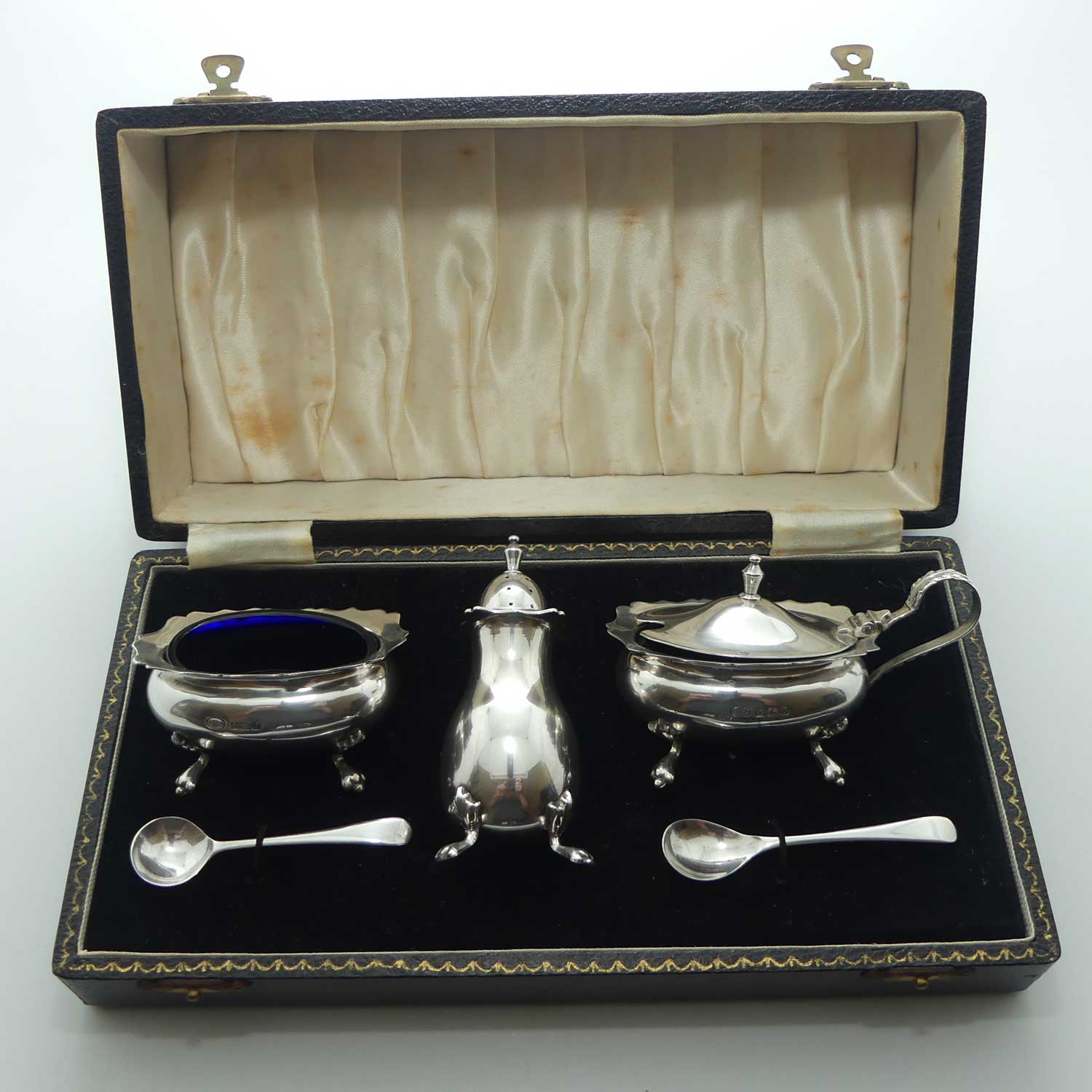 Sterling Silver cruet set with blue glass liners | Birmingham 1976 | Boxed | 150gms