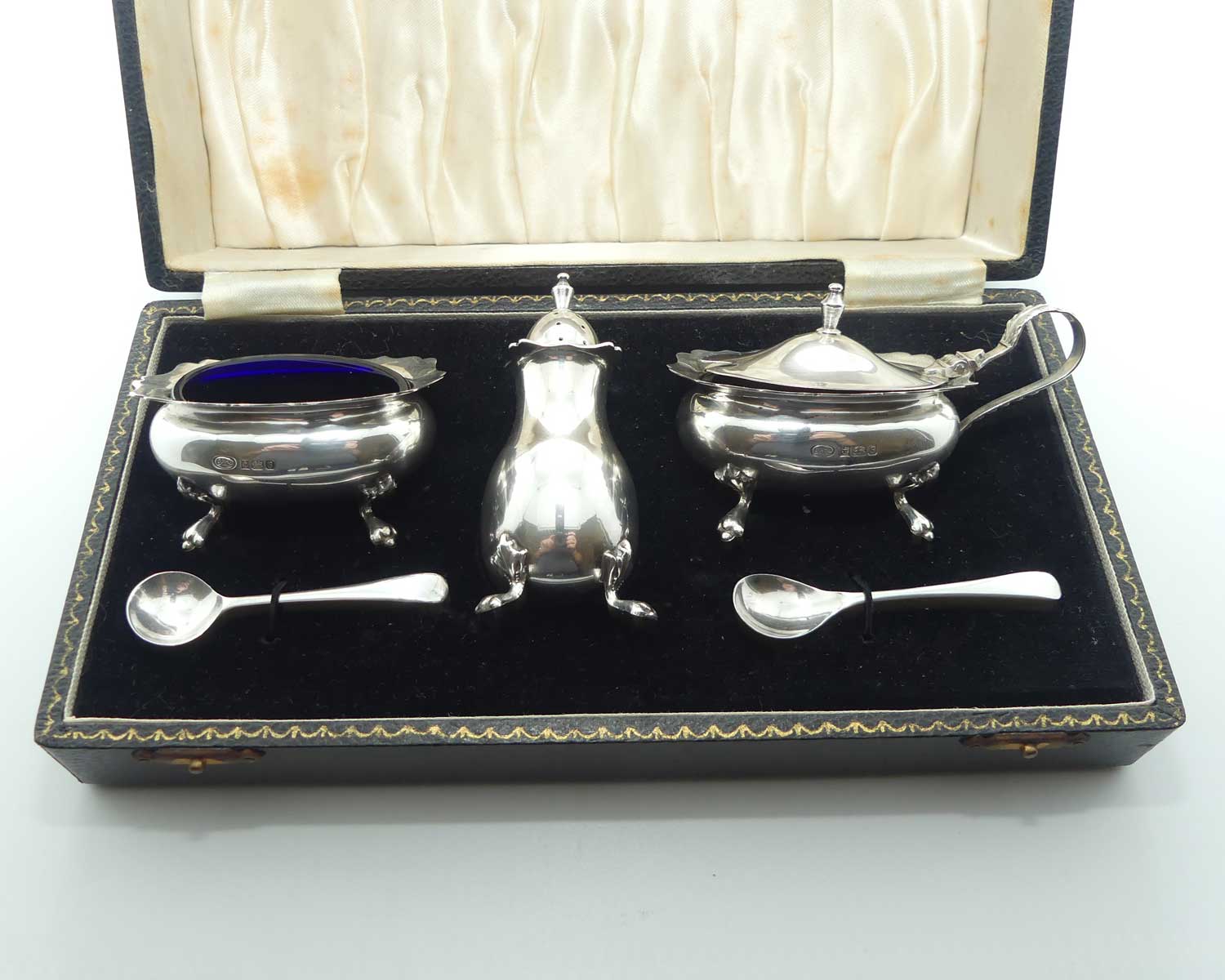 Sterling Silver cruet set with blue glass liners | Birmingham 1976 | Boxed | 150gms