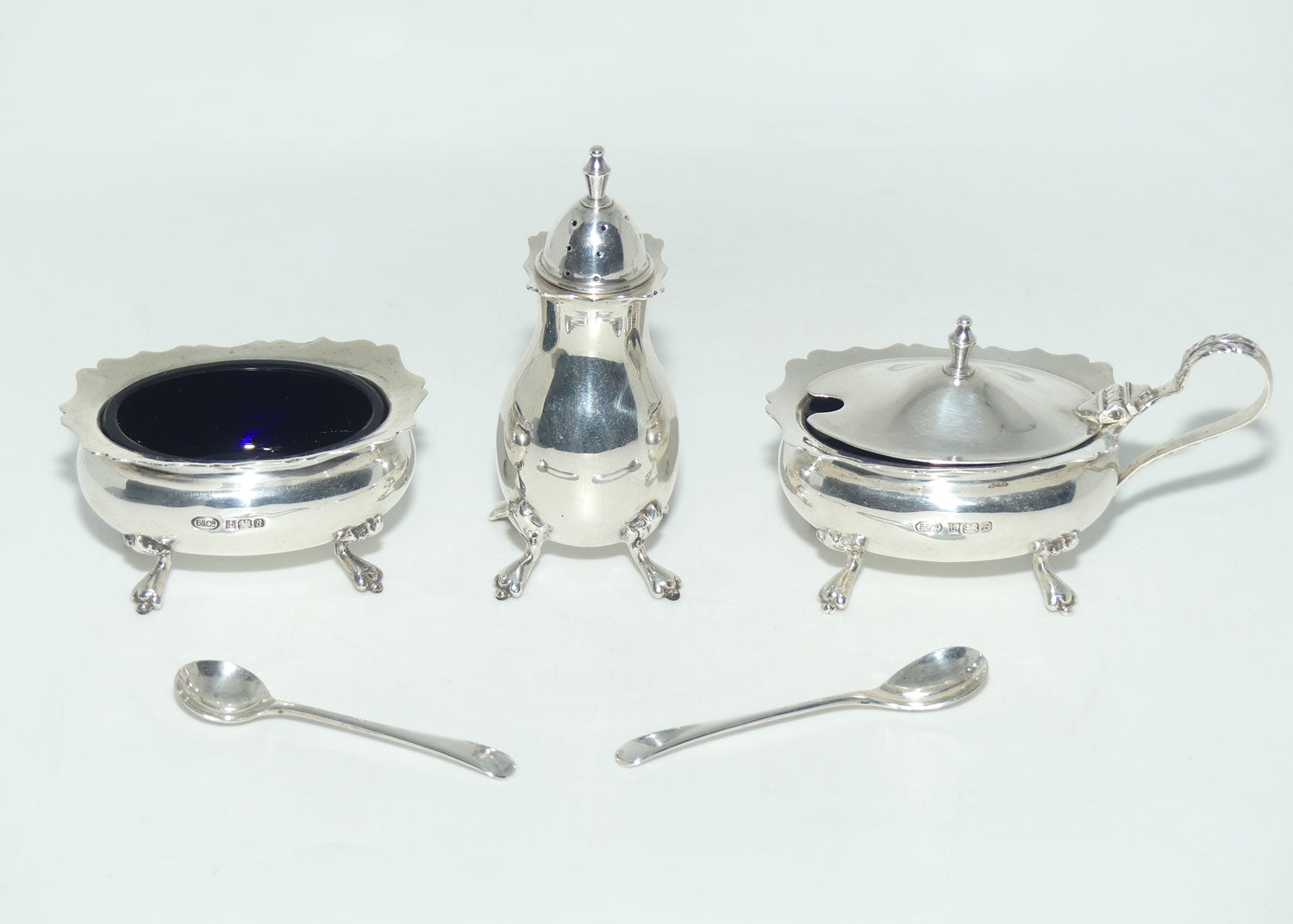 Sterling Silver cruet set with blue glass liners | Birmingham 1976 | Boxed | 150gms