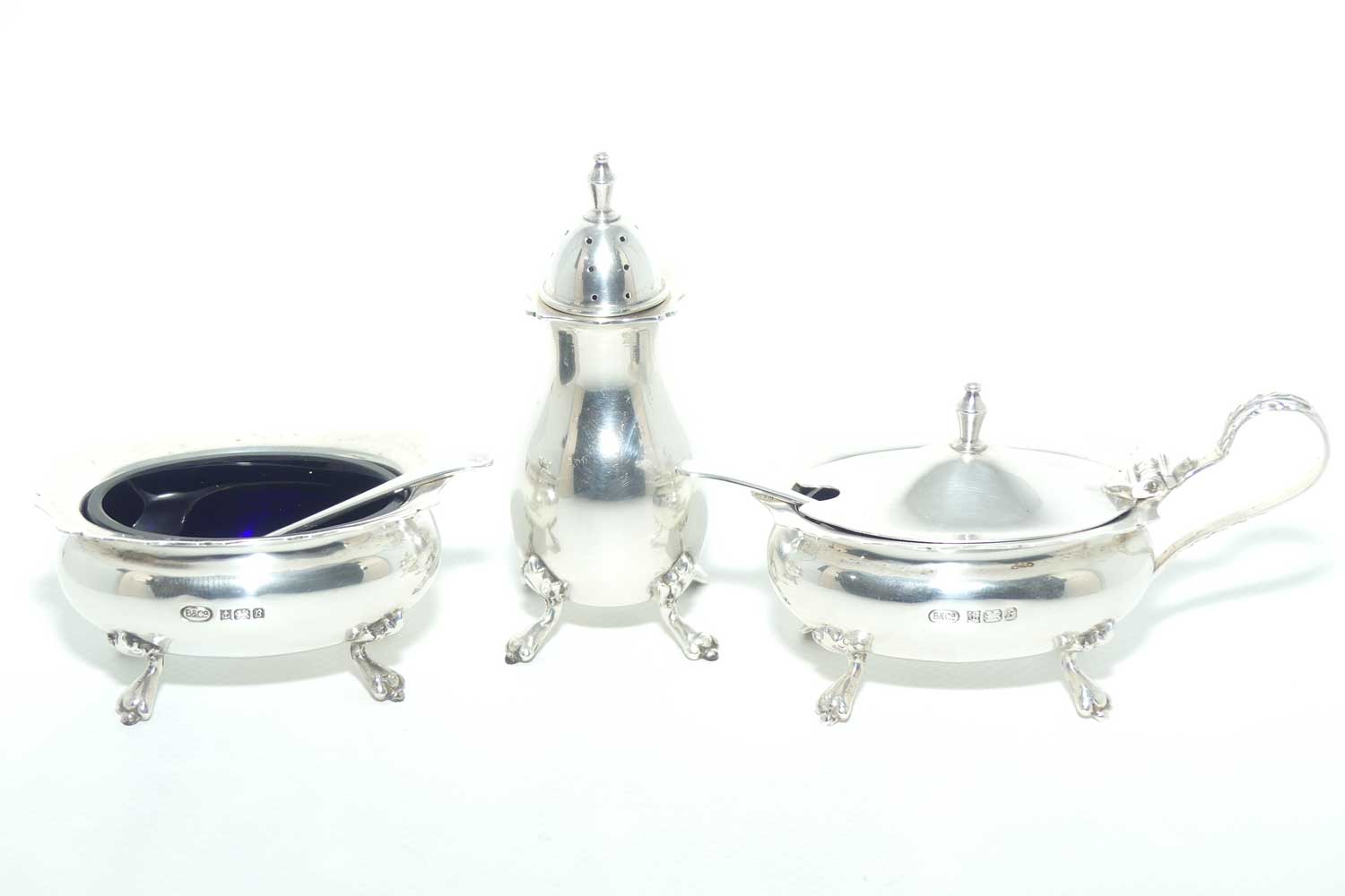 Sterling Silver cruet set with blue glass liners | Birmingham 1976 | Boxed | 150gms