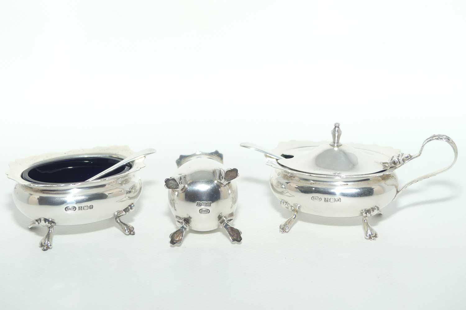 Sterling Silver cruet set with blue glass liners | Birmingham 1976 | Boxed | 150gms