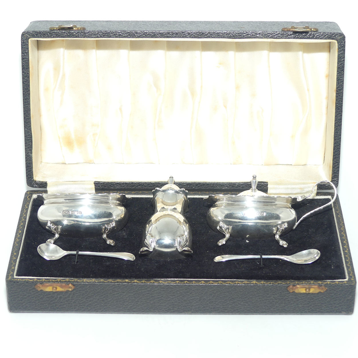 Sterling Silver cruet set with blue glass liners | Birmingham 1976 | Boxed | 150gms