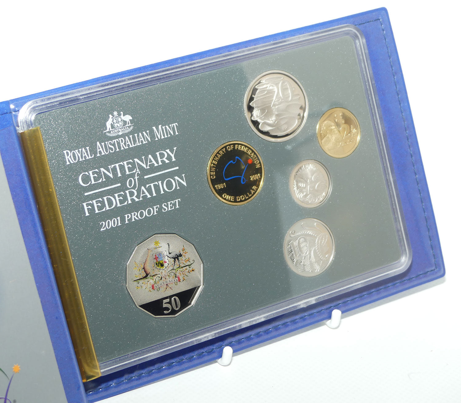 RAM 2001 Proof Coin Set | Centenary of Federation | Featuring coloured Coat of Arms 50c and Centenary of Federation logo $1