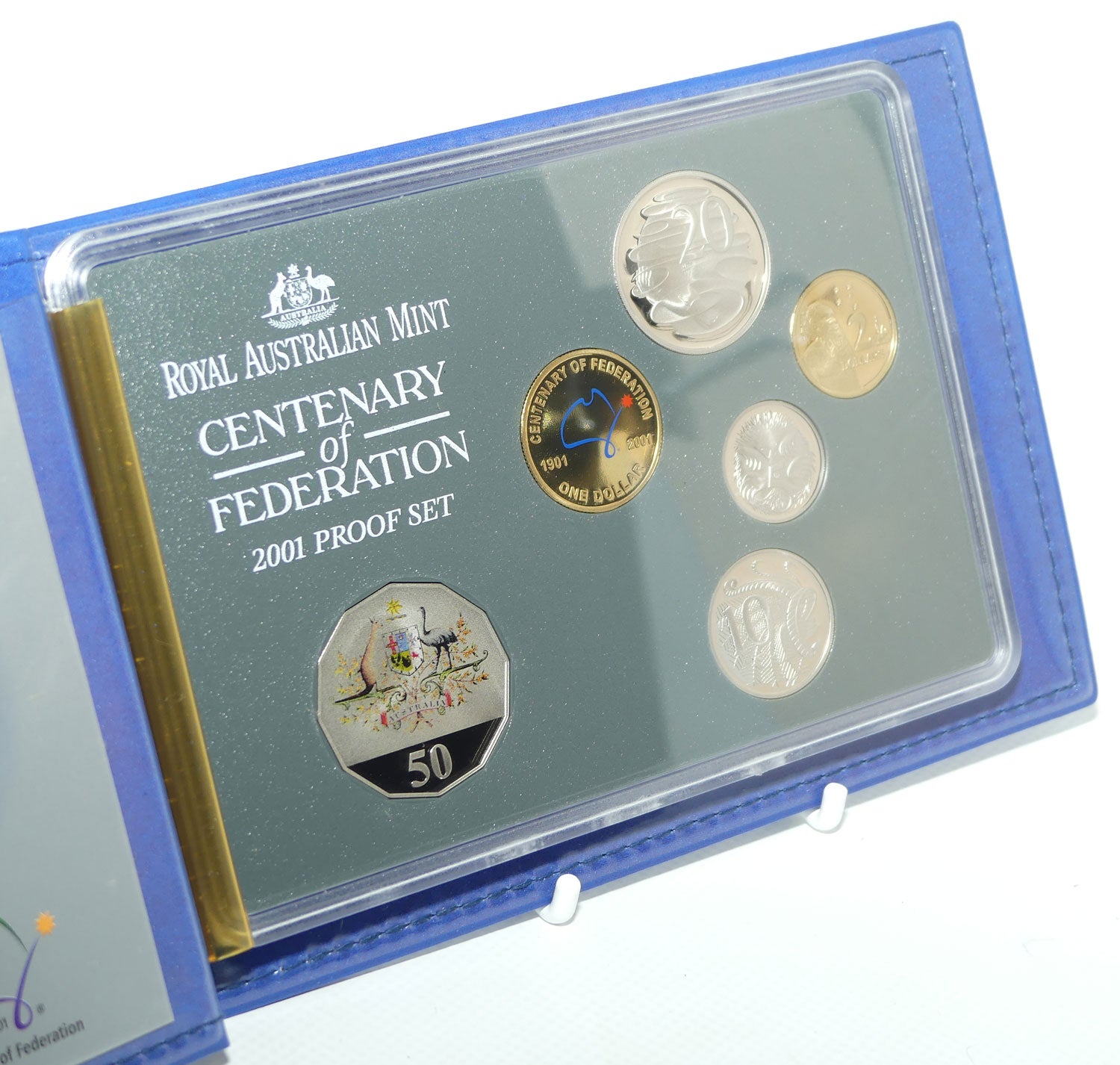 RAM 2001 Proof Coin Set | Centenary of Federation | Featuring coloured Coat of Arms 50c and Centenary of Federation logo $1